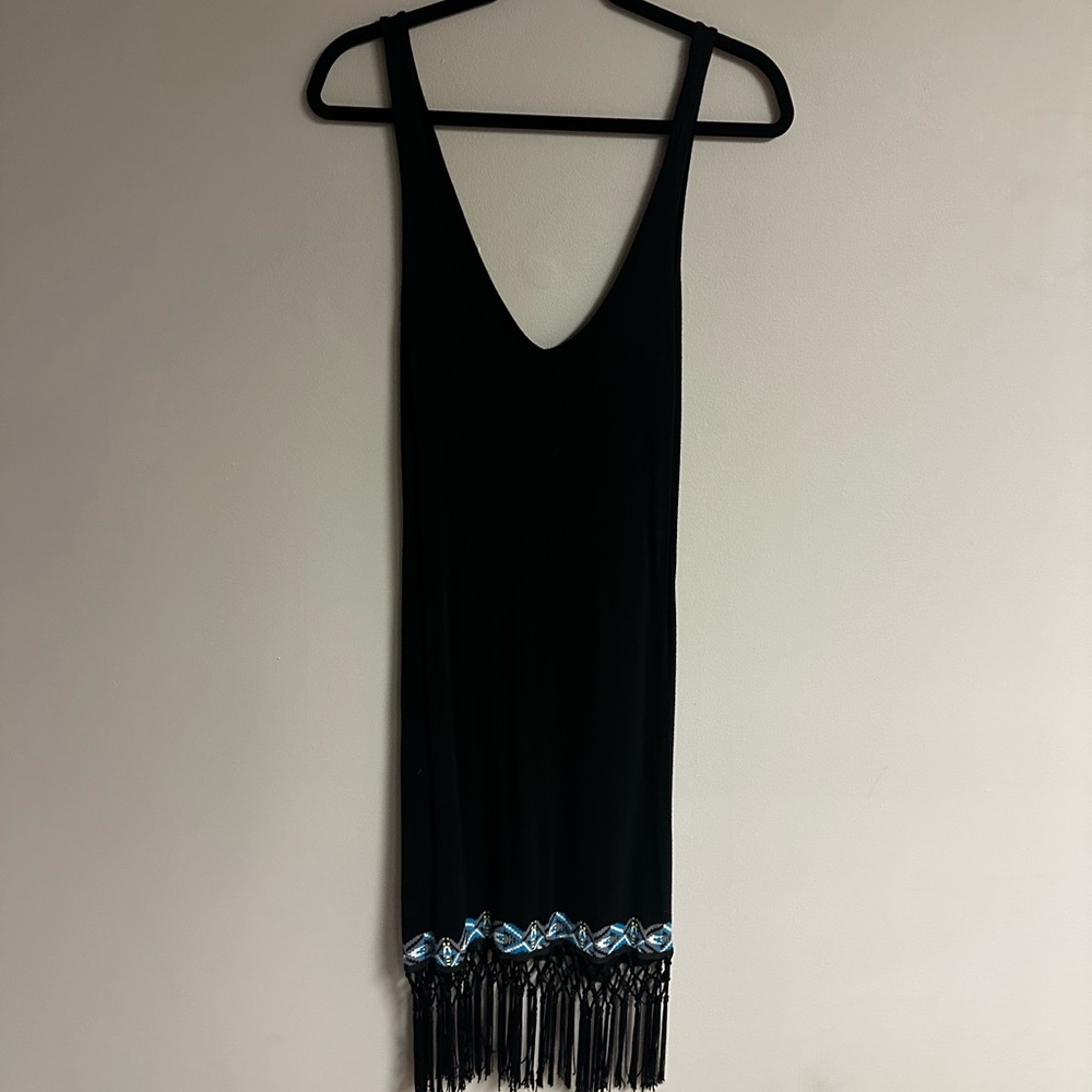 Volcom Black Fringe Slip Dress with Blue Embellished Hem
